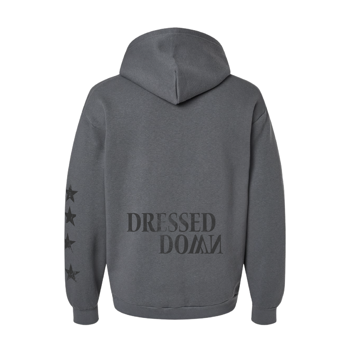 Gray hoodie with 'Dressed Down' text on the back against a white background