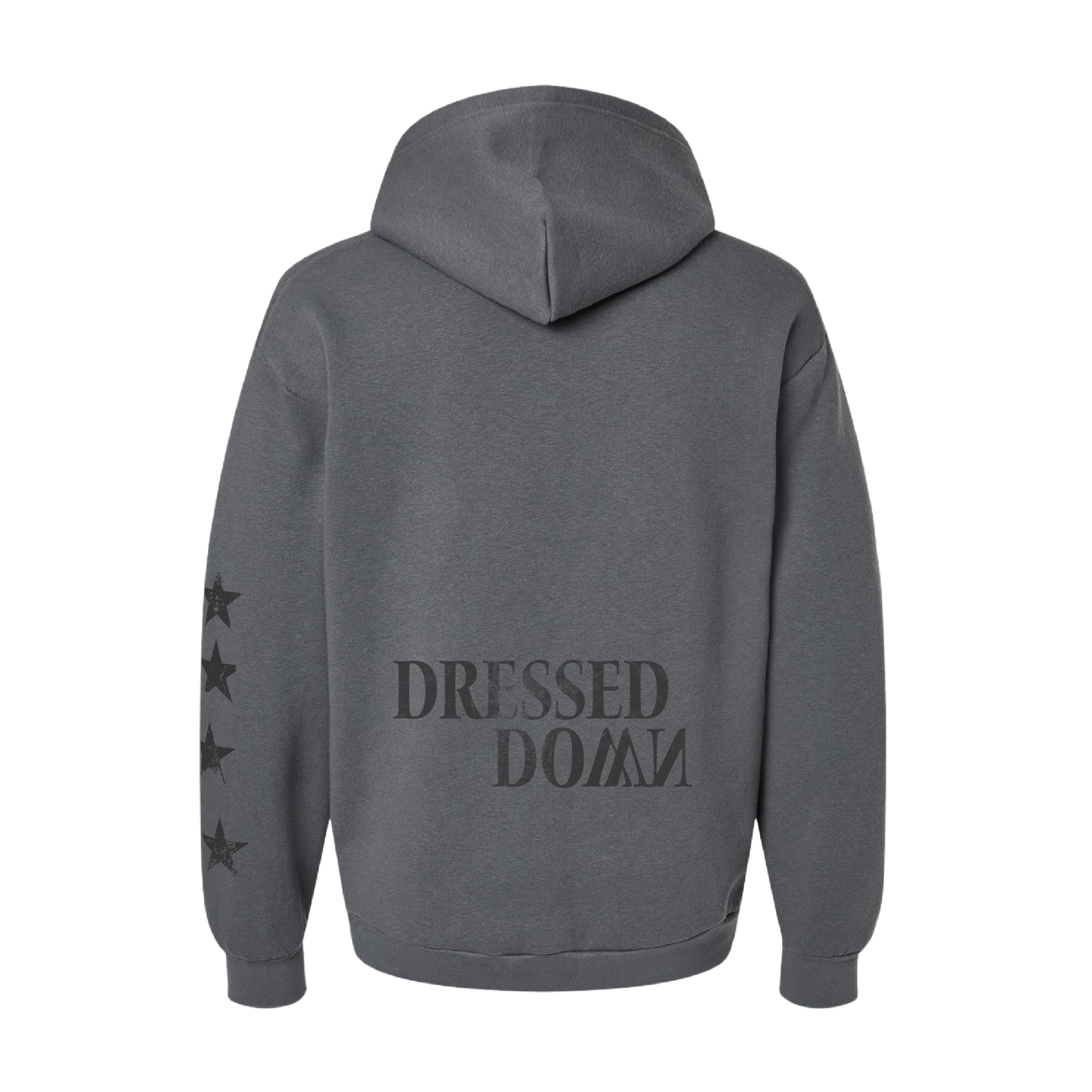 Gray hoodie with 'Dressed Down' text on the back against a white background