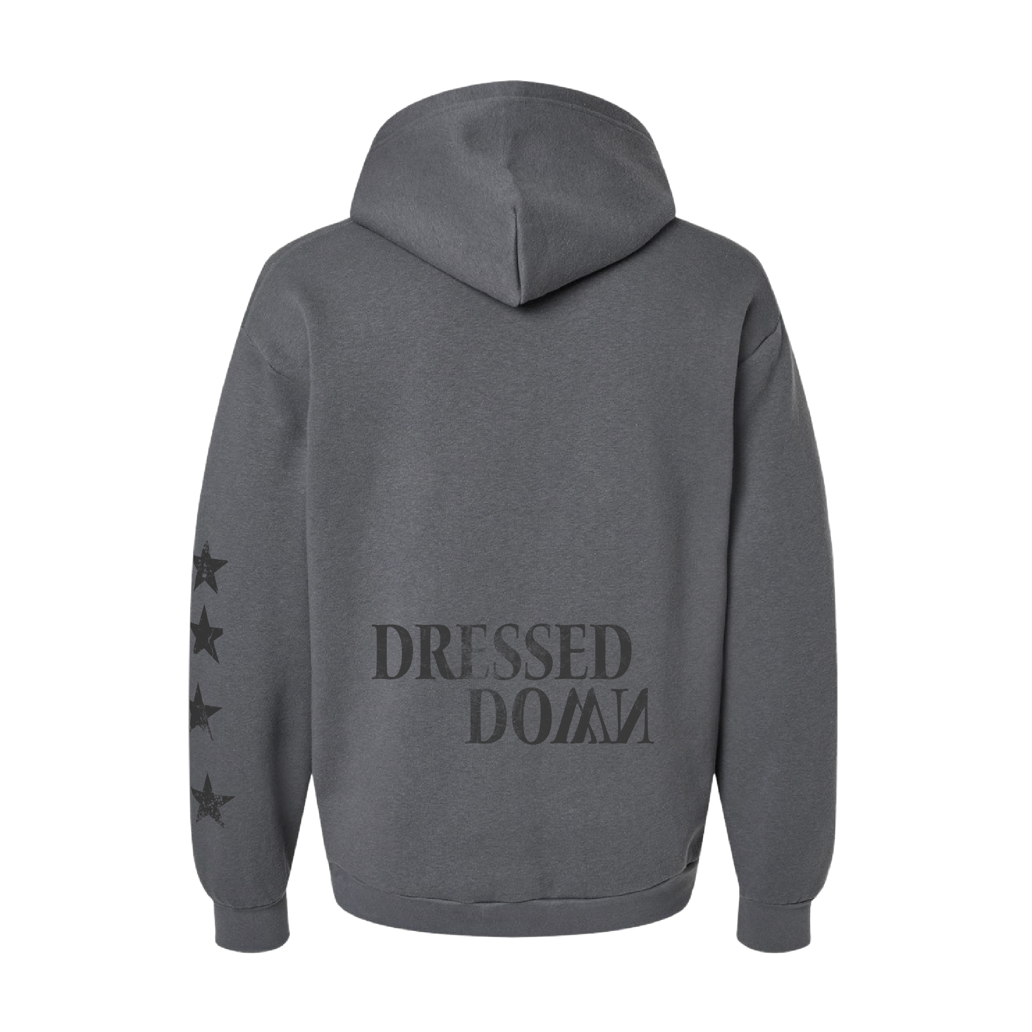 Gray hoodie with 'Dressed Down' text on the back against a white background