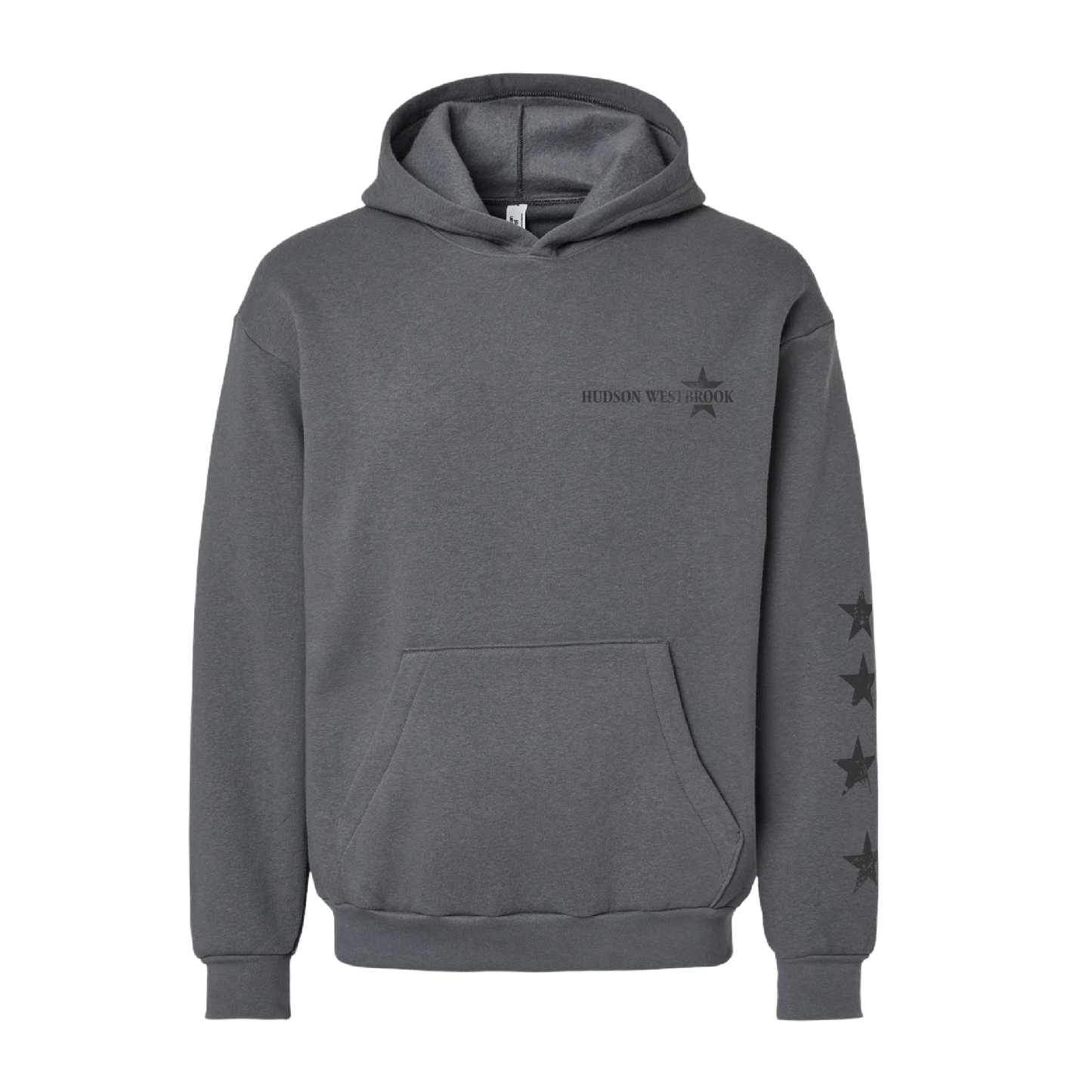 Gray hoodie with star designs on sleeves and text on chest against a white background