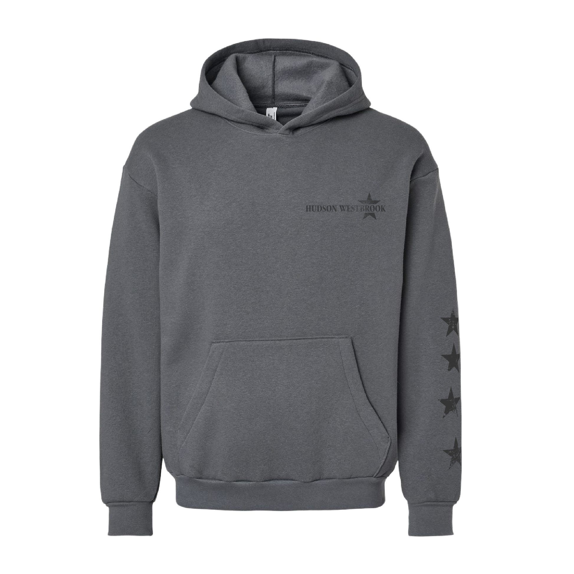 Gray hoodie with star designs on sleeves and text on chest against a white background