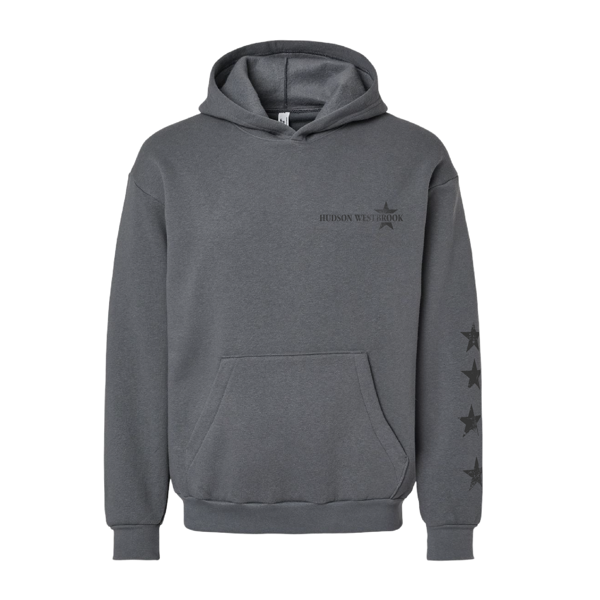 Gray hoodie with star designs on sleeves and text on chest against a white background