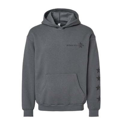 Gray hoodie with star designs on sleeves and text on chest against a white background